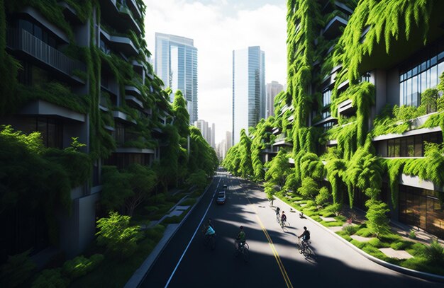 Foto paisaje urbano ecológico con techos verdes y transporte público eficiente