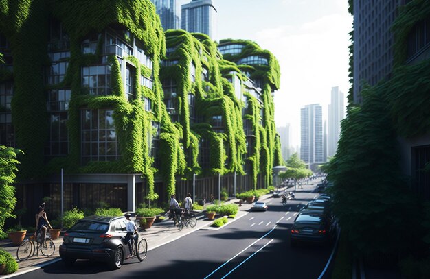 Foto paisaje urbano ecológico con techos verdes y transporte público eficiente