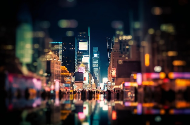 Un paisaje urbano con un edificio iluminado y un cartel que dice "nueva york".