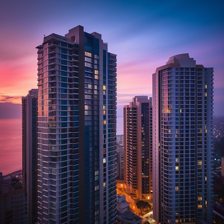 Un paisaje urbano con un edificio en primer plano y un edificio en el fondo