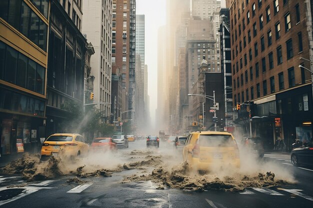 El paisaje urbano empapado de lluvia con vapor que se eleva desde los respiraderos