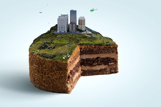 Paisaje urbano encima de la torta. Técnica mixta