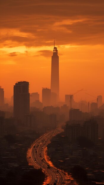El paisaje urbano estropeado por el smog matutino el cielo naranja luchando contra la contaminación Vertical Mobile Wallpaper