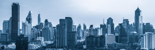 Paisaje urbano filtrado en azul y edificios de gran altura en el centro de la ciudad de metrópolis