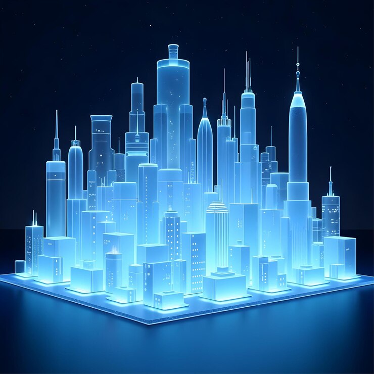 Un paisaje urbano futurista en 3D Una metrópolis brillante por la noche