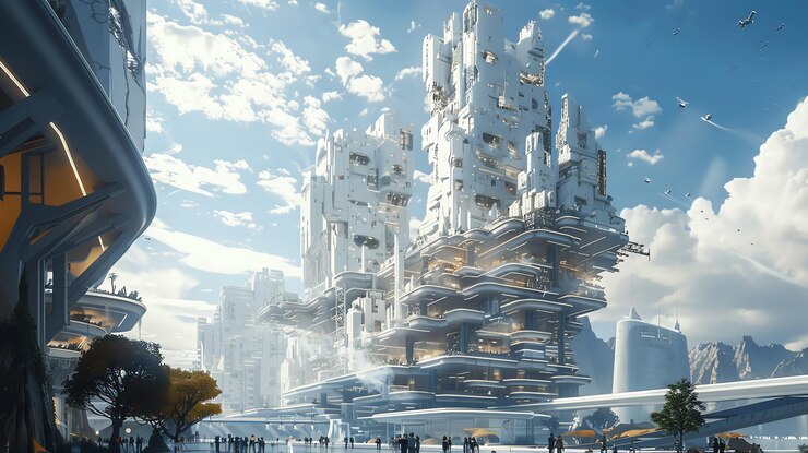 Foto un paisaje urbano futurista con altos edificios blancos y vehículos voladores en el cielo