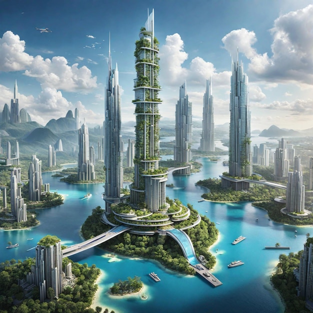 Paisaje urbano futurista Armonía de arquitectura avanzada y naturaleza