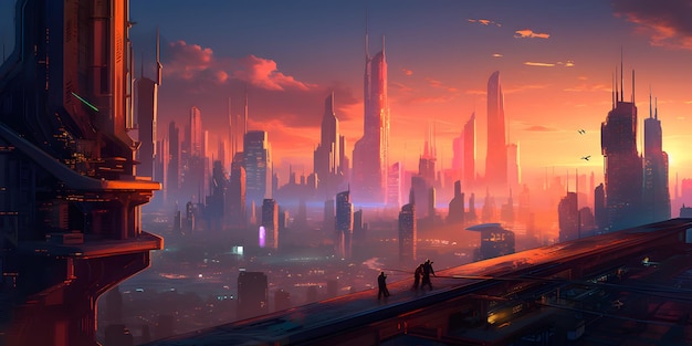 Un paisaje urbano futurista con una arquitectura elegante y moderna iluminada por luces de neón y un colorido cielo al atardecer Ilustración distópica Ai generativo