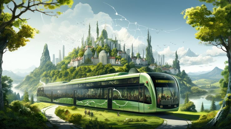 Paisaje urbano futurista con autobús verde