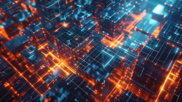 paisaje urbano futurista con bloques holográficos brillantes Abstracto Cubo Fondo