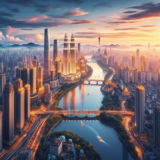 paisaje urbano futurista brillo del amanecer