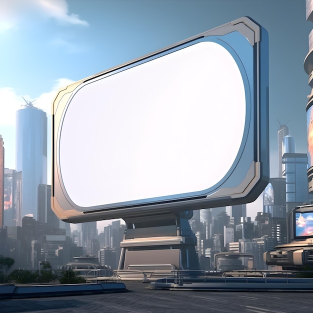 Paisaje urbano futurista con un cartel vacío en el foco