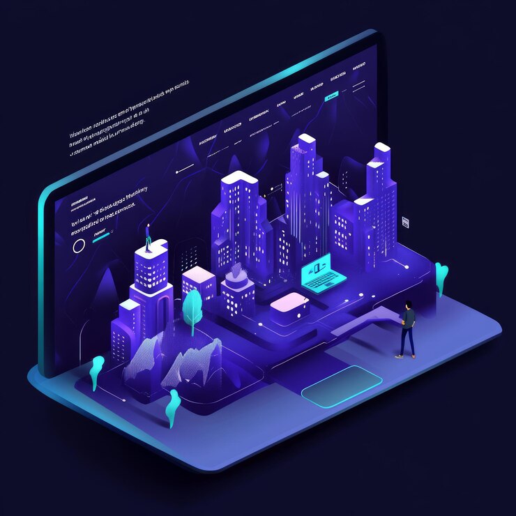 Foto paisaje urbano futurista de la ciudad emergiendo de la pantalla de la computadora portátil con dos hombres de negocios en primer plano