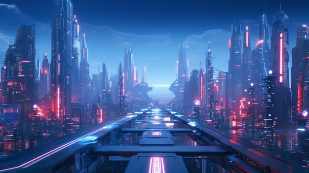 Foto paisaje urbano futurista cyberpunk por la noche una escena urbana moderna generada por ai