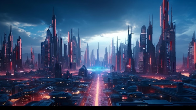 Paisaje urbano futurista Cyberpunk por la noche Una escena urbana moderna generada por Ai