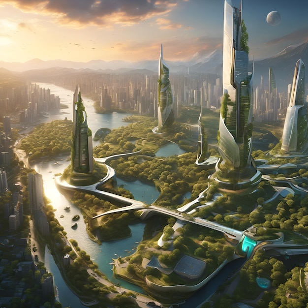 Un paisaje urbano futurista donde la naturaleza y la tecnología coexisten en armonía