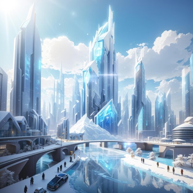 paisaje urbano futurista con edificios altísimos adornados con hielo y nieve