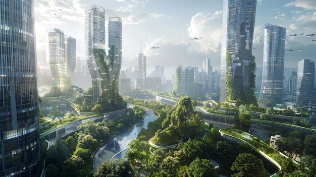 Un paisaje urbano futurista con edificios flotantes y espacios verdes generados por la IA