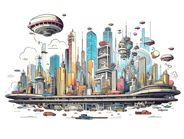 Paisaje urbano futurista con elegantes rascacielos y diseño de camiseta de autos voladores.