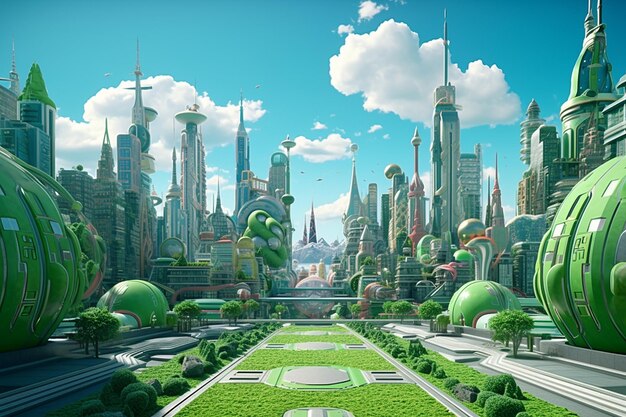 Paisaje urbano futurista con espacios verdes