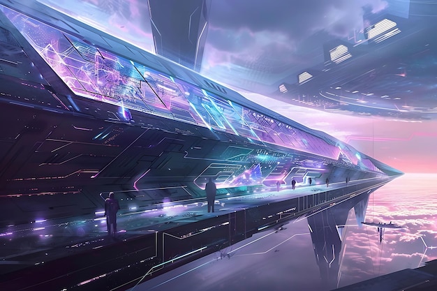 Paisaje urbano futurista con estructuras voladoras y personas en las nubes