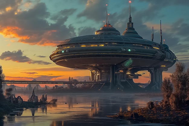 Paisaje urbano futurista con una gran estructura de nave espacial junto a un río durante la puesta de sol que transmite un concepto o