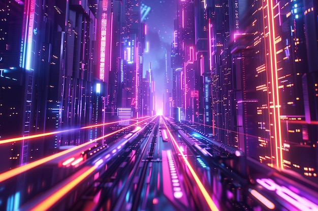 Paisaje urbano futurista iluminado por luces de neón y