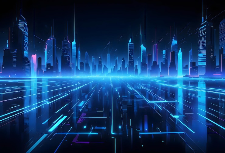 Un paisaje urbano futurista iluminado con neón con líneas y formas azules brillantes