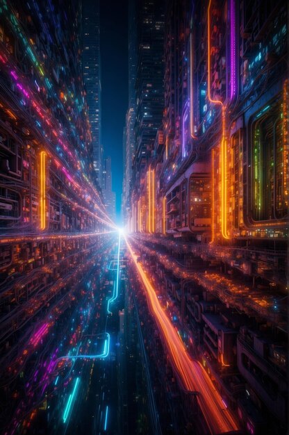 Foto el paisaje urbano futurista iluminado por la noche