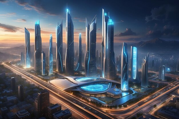 un paisaje urbano futurista con luces deslumbrantes y tecnología que simboliza el futuro