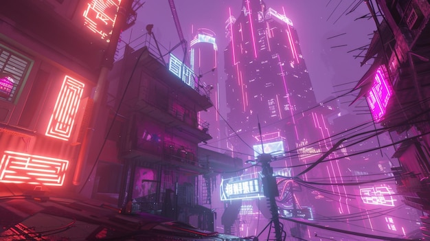 Paisaje urbano futurista con luces de neón y altos rascacielos que muestran una estética cyberpunk en un entorno urbano brumoso por la noche