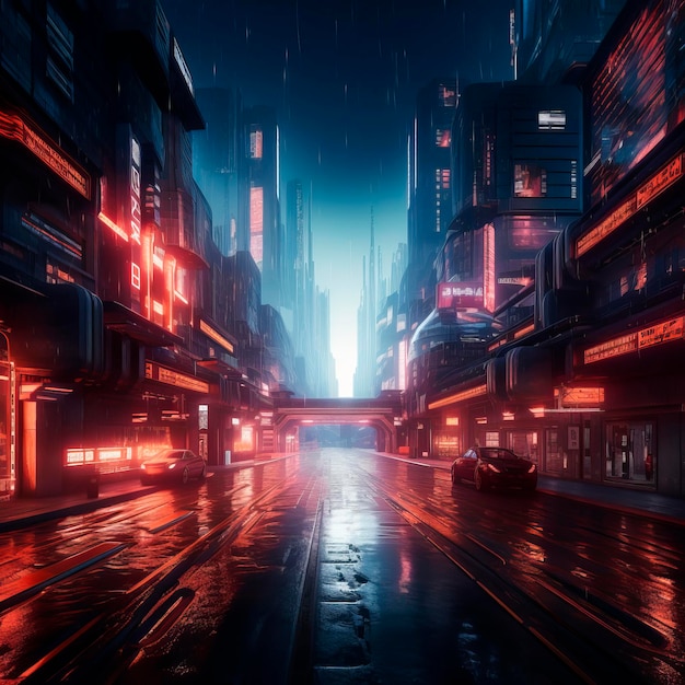 Paisaje urbano futurista con luces de neón IA generativa