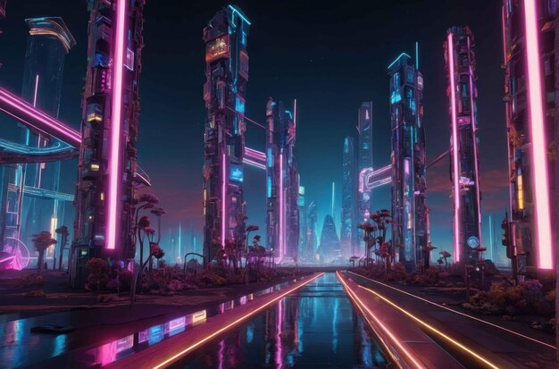 Paisaje urbano futurista con luces de neón por la noche