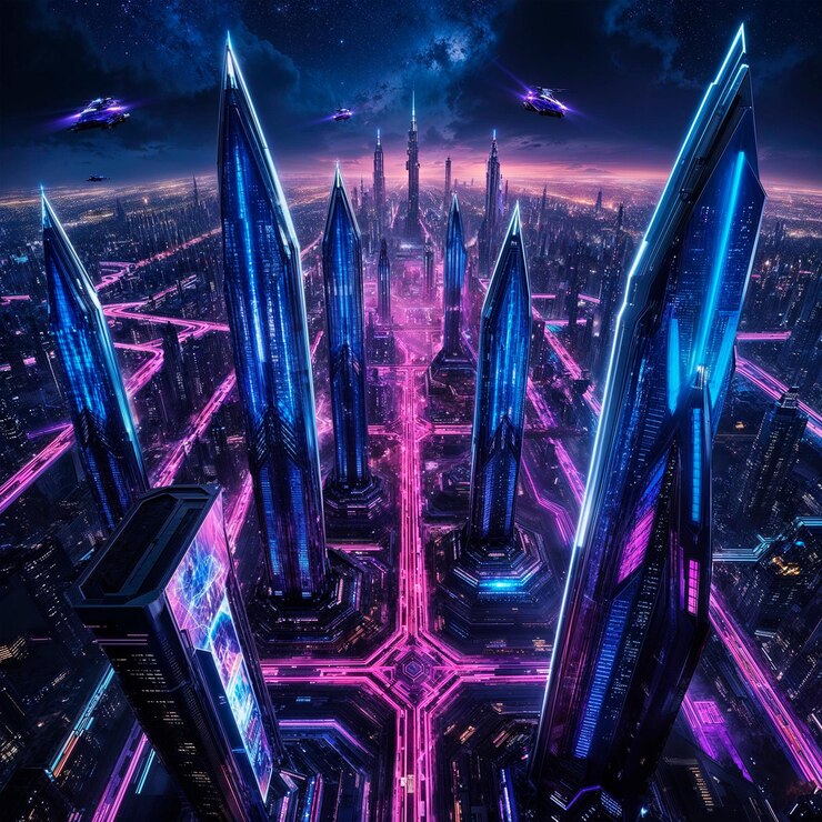 Foto el paisaje urbano futurista de neón por la noche