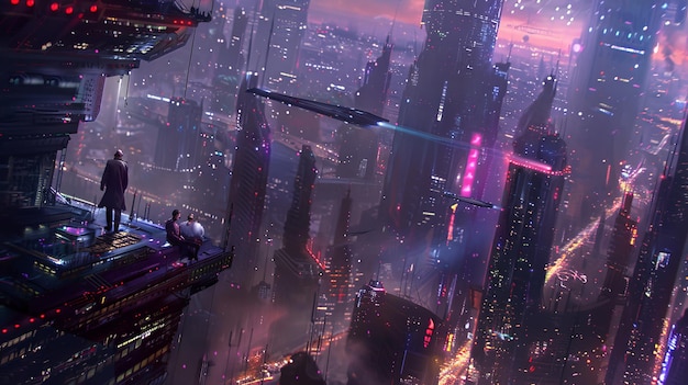 Paisaje urbano futurista por la noche con altos rascacielos, luces de neón y vehículos voladores que ilustran un entorno urbano tecnológicamente avanzado