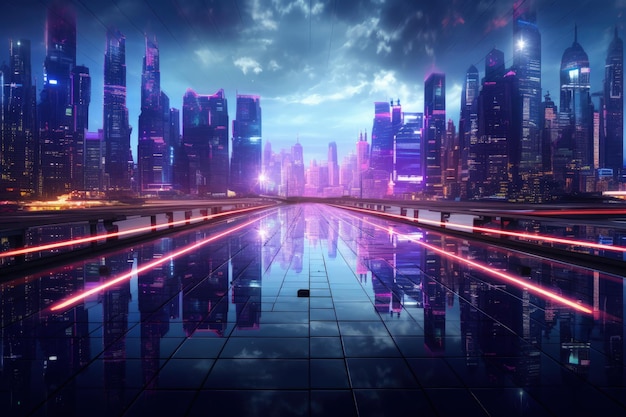 Paisaje urbano futurista en la noche con luces de neón IA generativa