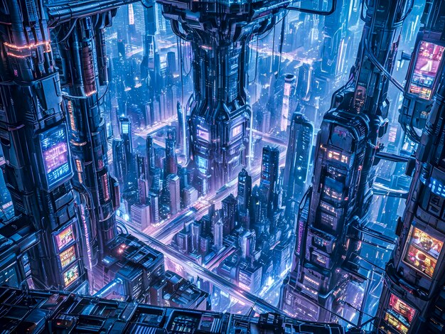 Paisaje urbano futurista por la noche con luces de neón iluminando rascacielos desde un ángulo alto