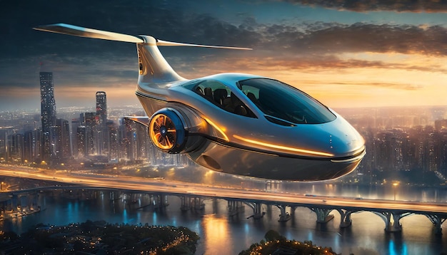 Paisaje urbano futurista por la noche con un taxi aéreo autónomo que se eleva por encima simbolizando la vanguardia