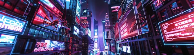 Paisaje urbano futurista por la noche con vibrantes luces de neón que se elevan en rascacielos y vallas publicitarias digitales en estilo cyberpunk