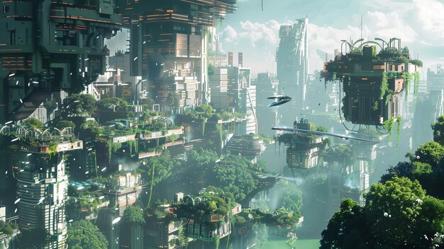 Un paisaje urbano futurista con parques y jardines flotantes en un mundo cyberpunk generado por la IA