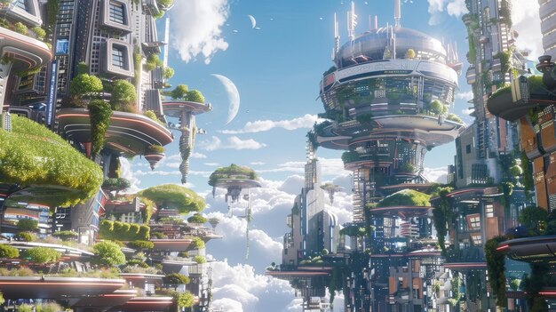 Un paisaje urbano futurista con parques y jardines flotantes en un mundo cyberpunk generado por la IA