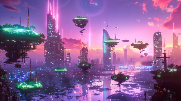 Un paisaje urbano futurista con parques y jardines flotantes en un mundo iluminado por neón generado por la IA