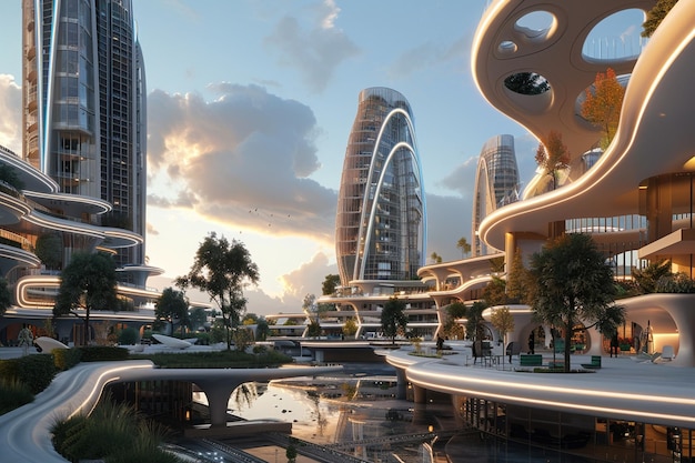 Paisaje urbano futurista que muestra un arco multicultural