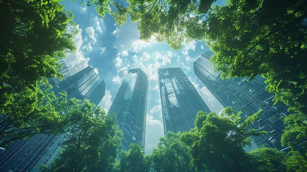 Paisaje urbano futurista con rascacielos y árboles verdes