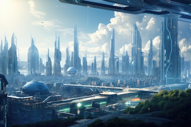 Paisaje urbano futurista con rascacielos hechos de paneles tecnológicos Digital futurista brillante energía de computadora abstracta moderna generada por AI