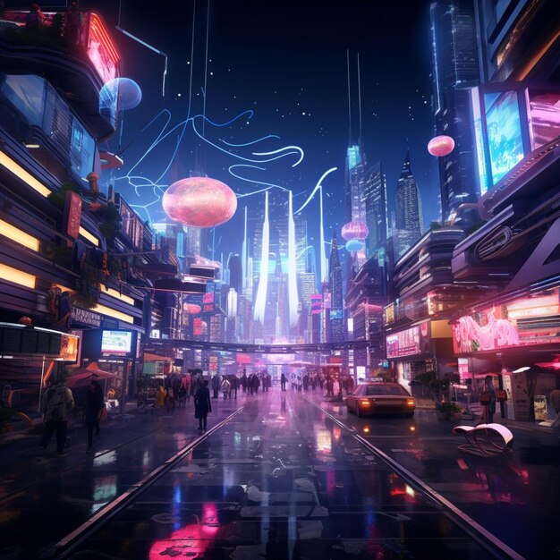 paisaje urbano futurista en un reino virtual generado por la IA