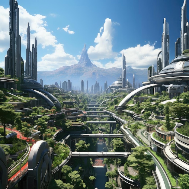 Paisaje urbano futurista rodeado de árboles, ríos y follaje muy detallado