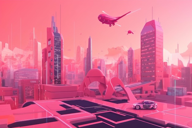 Paisaje urbano futurista rosa con anuncios holográficos y vehículos voladores.