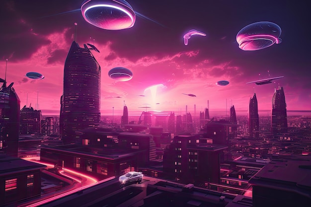 Paisaje urbano futurista rosa con vehículos flotantes y edificios elegantes contra el cielo nocturno estrellado