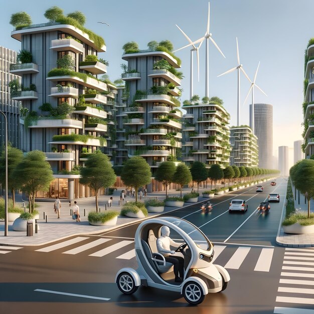 Paisaje urbano futurista con tecnologías sostenibles y transporte ecológico